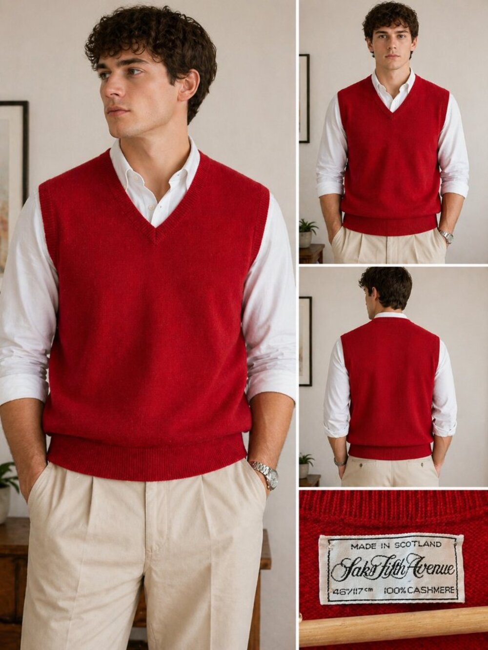 Saks Fifth Avenue 100% Cashmere Sweater Vest Red V-Neck Made in Scotland Size L